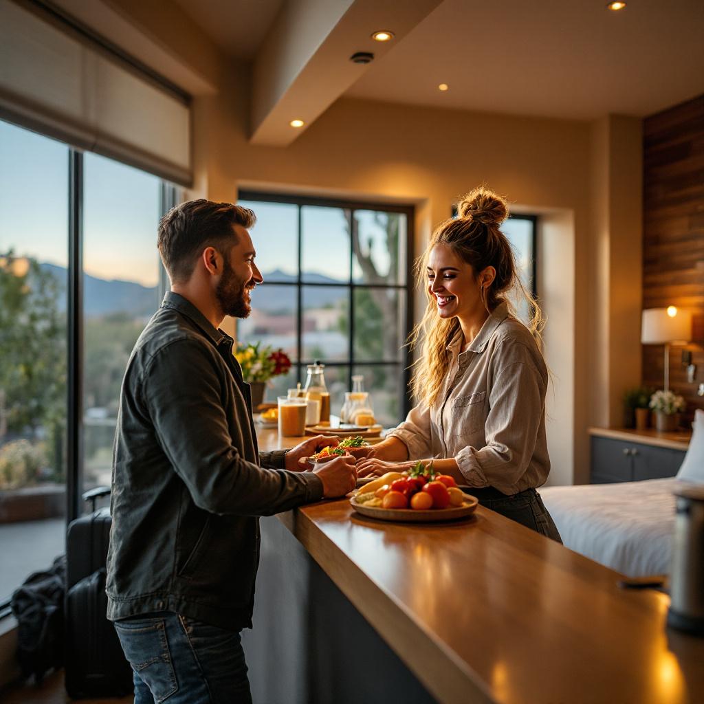 A couple enjoys breakfast together in a modern hotel room.