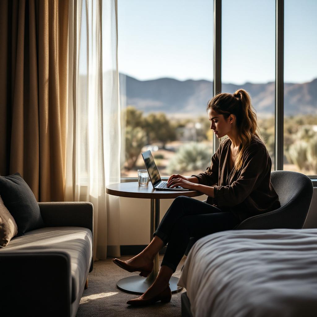 A woman working on a laptop at a table in a hotel room with a view of mountains.