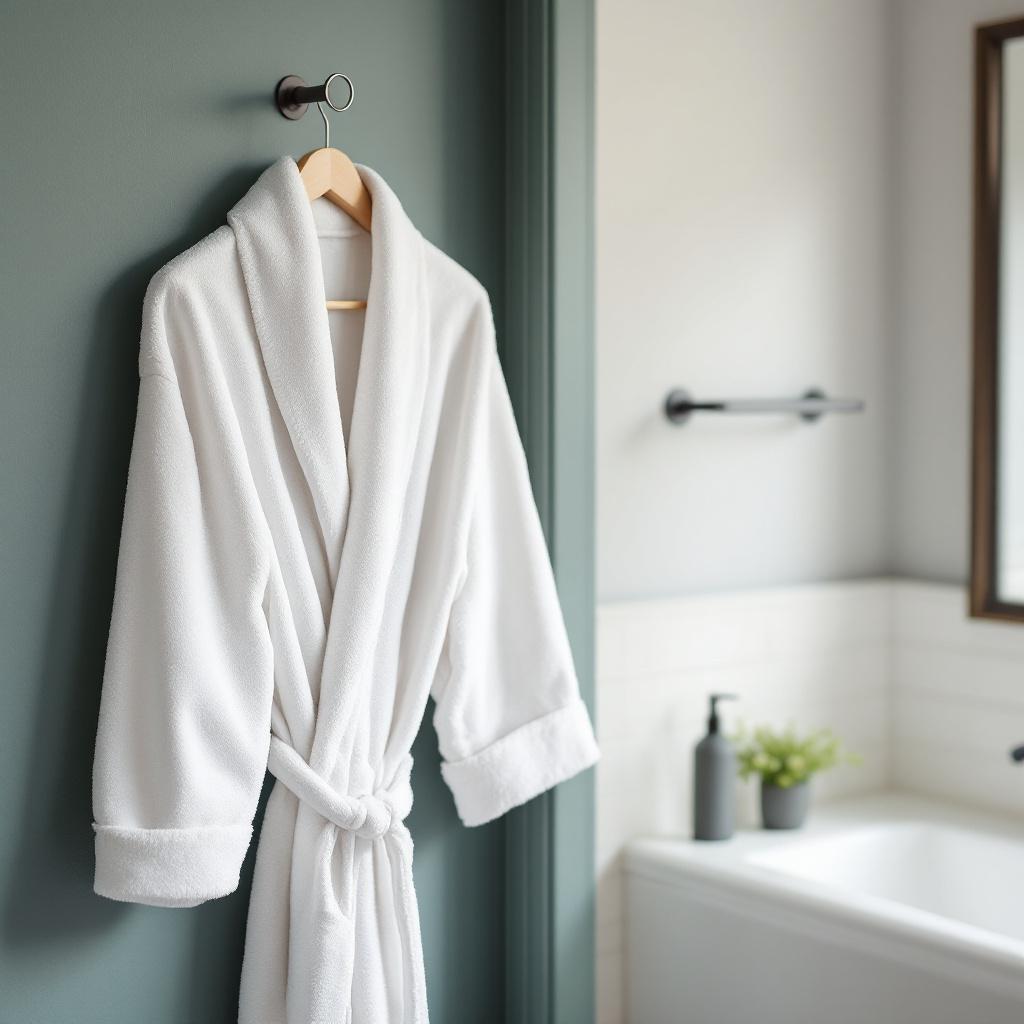 A white bathrobe hanging on a hook in a bathroom.