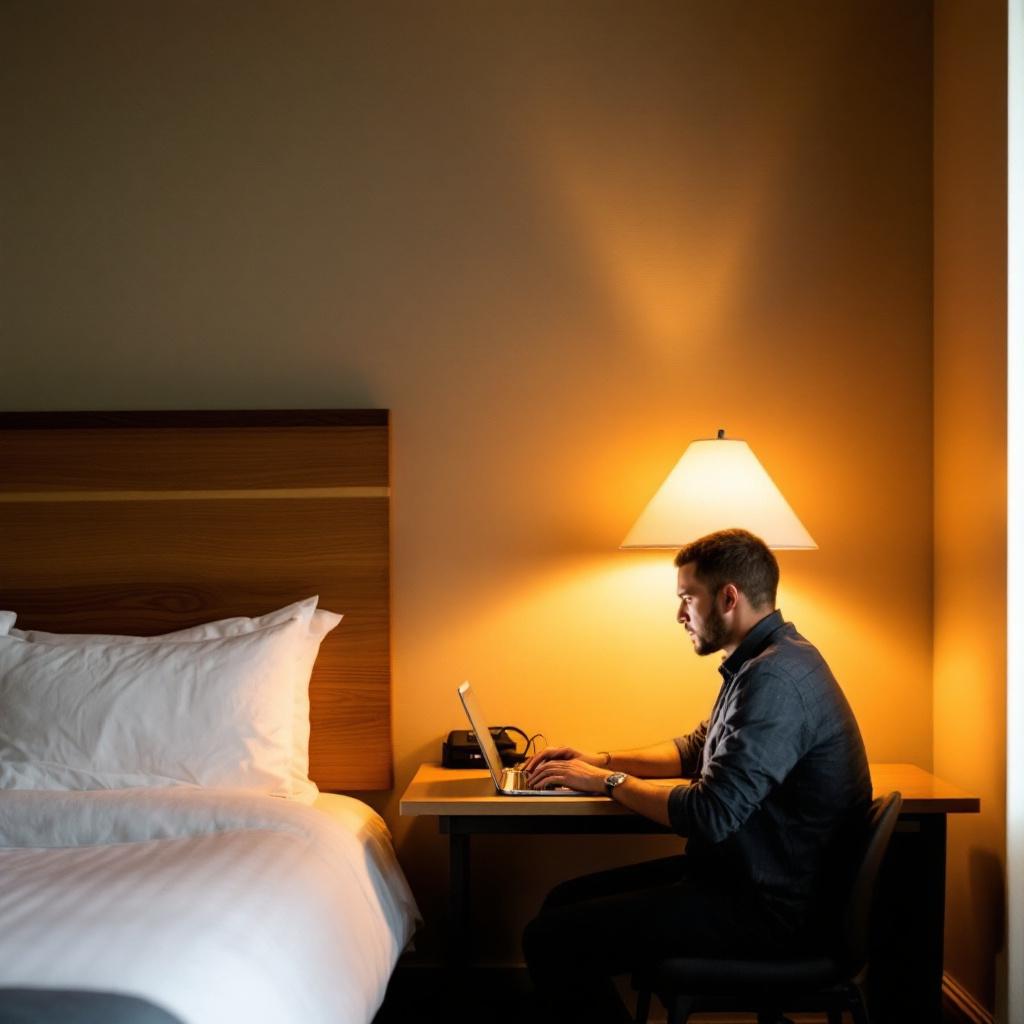 A man is working on a laptop at a desk in a hotel room.