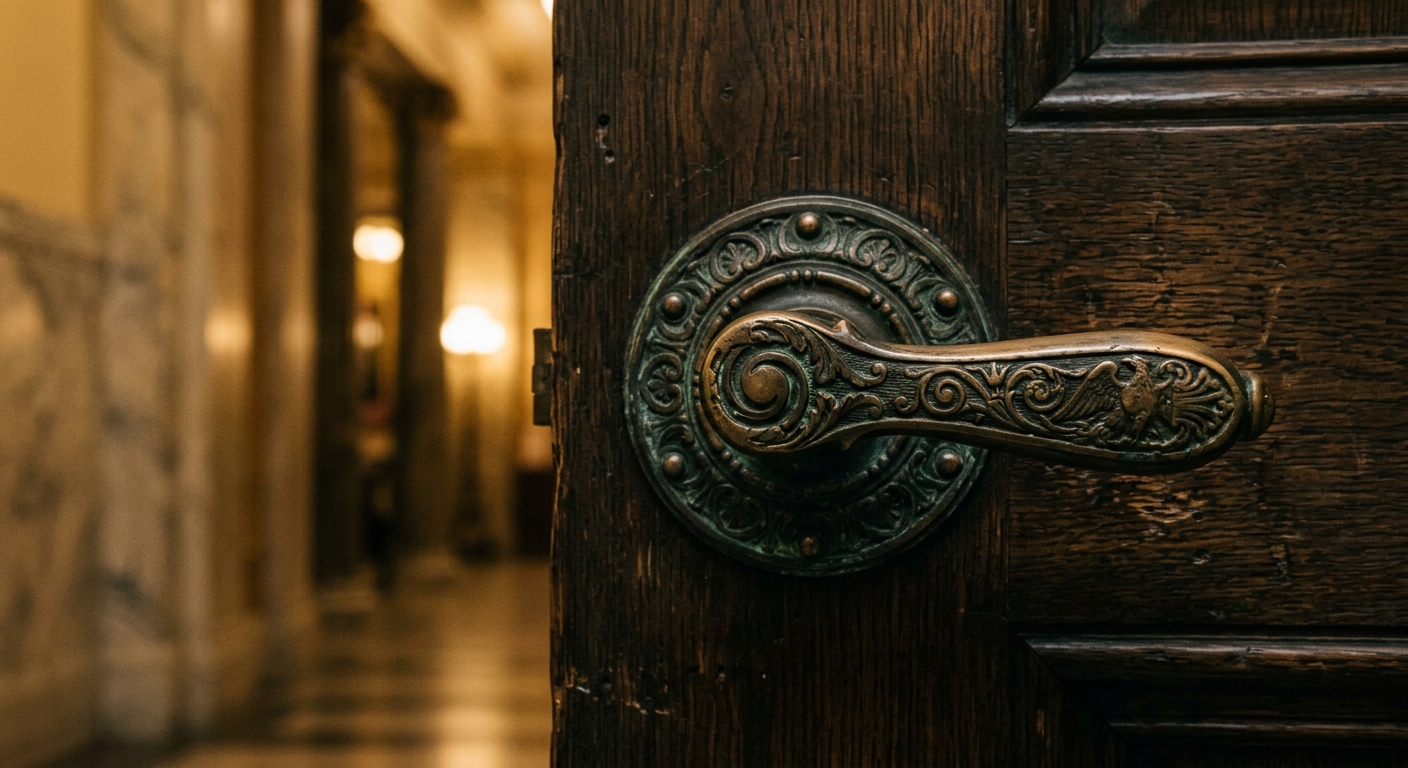 A close-up view of an ornate door handle with a blurred hallway in the background.