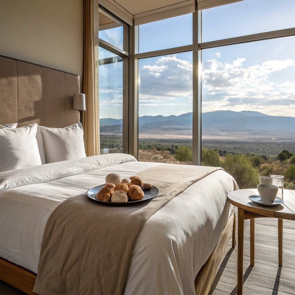 A modern hotel room featuring a bed with a view of mountains and a plate of pastries.