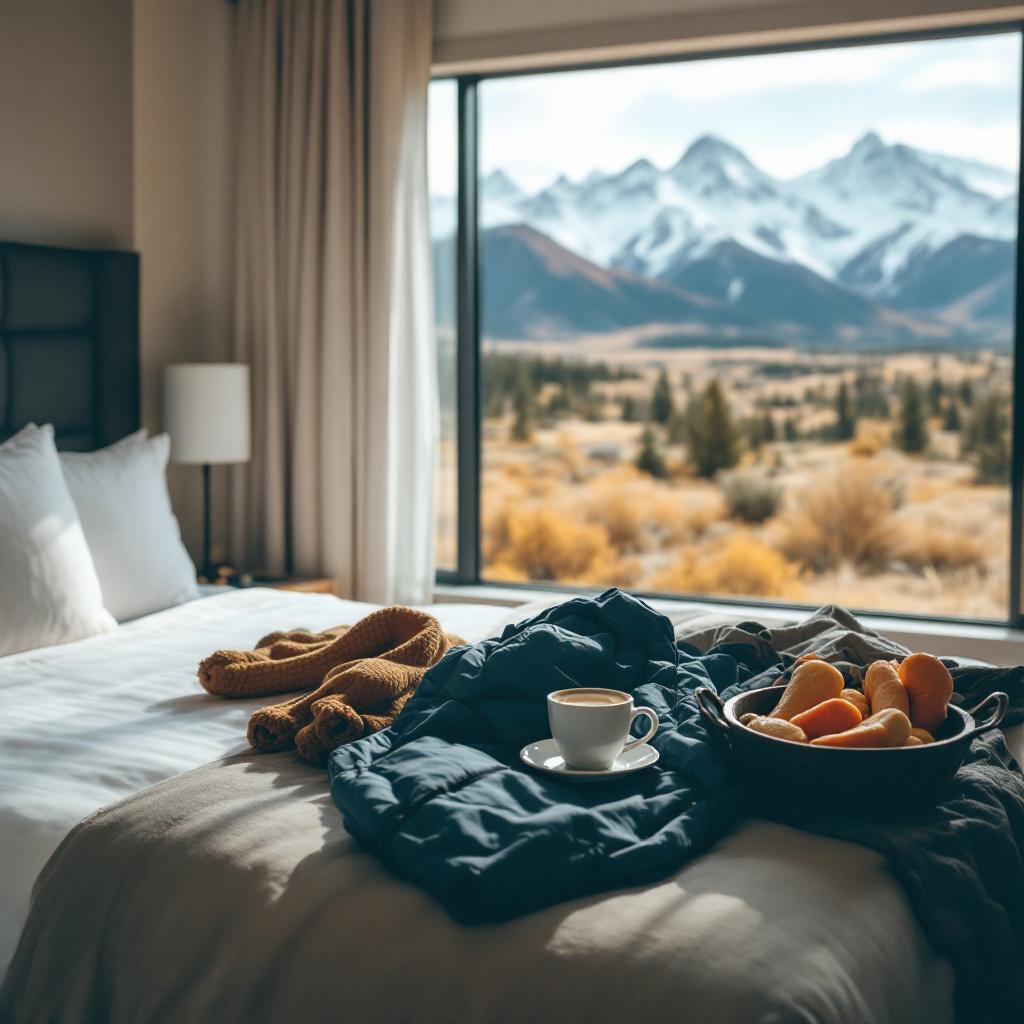 A cozy hotel room with a view of mountains, featuring a bed, a cup of coffee, and a bowl of fruit.