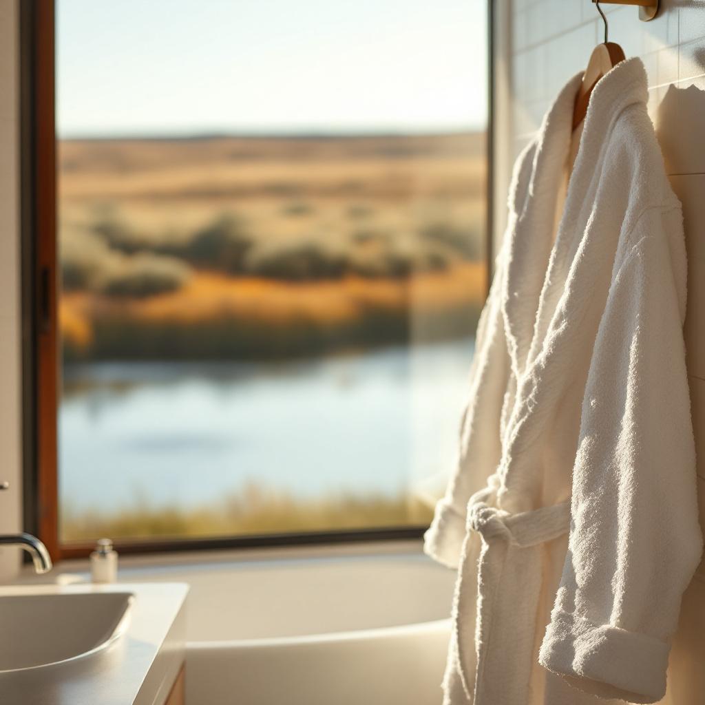 A white bathrobe hangs in a bathroom with a view of a serene landscape outside.