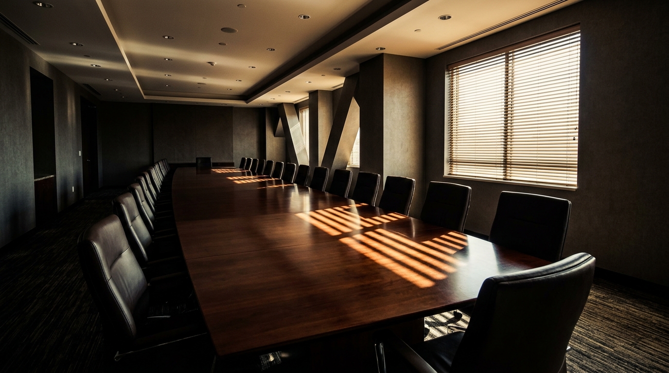 A large conference room with a long wooden table and chairs, illuminated by sunlight through blinds.