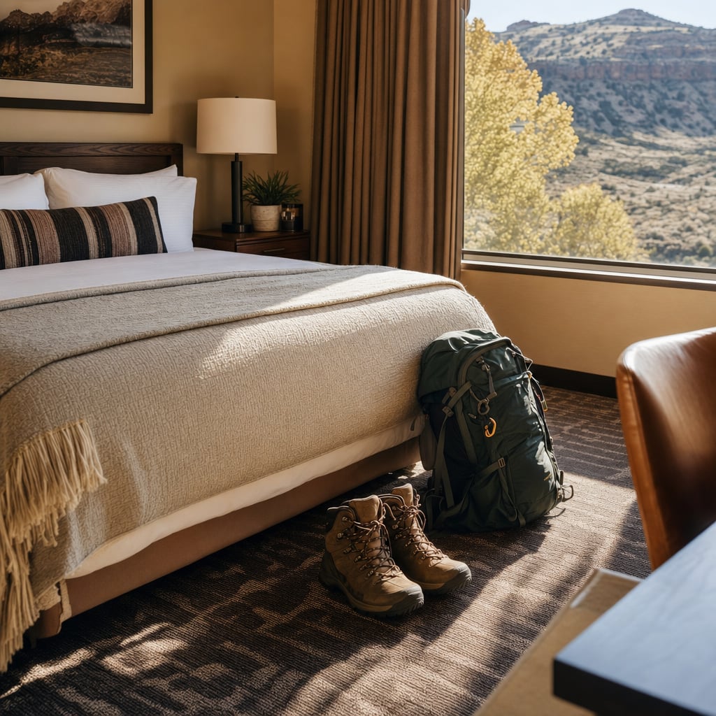 A cozy hotel room featuring a bed, a backpack, and hiking boots with a scenic view outside.