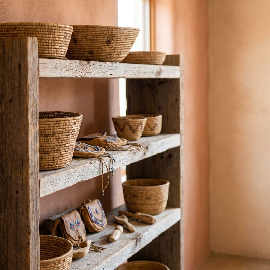 A wooden shelf displaying various woven baskets and handmade items.