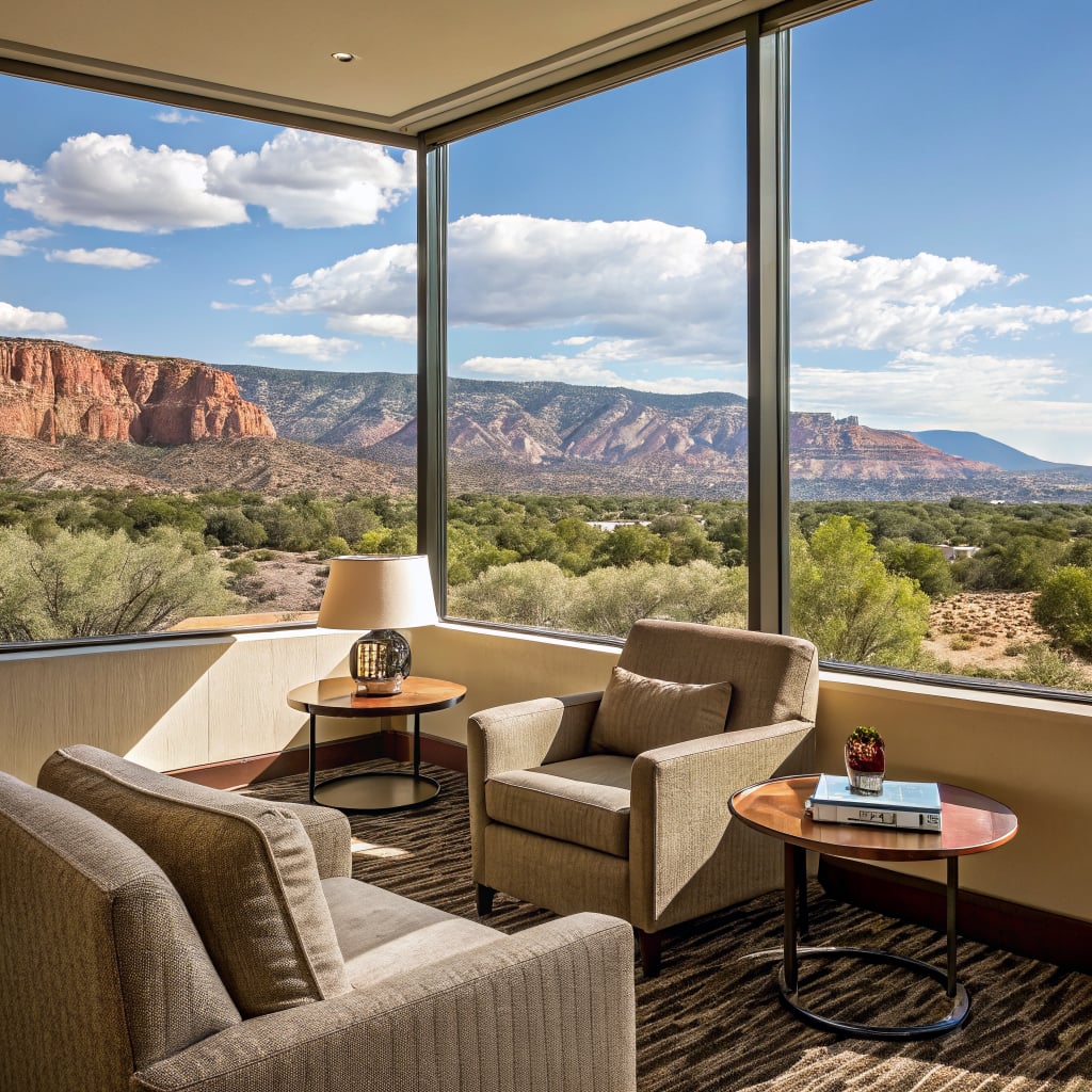 A cozy seating area with two chairs and a lamp, offering a view of mountains and greenery through large windows.