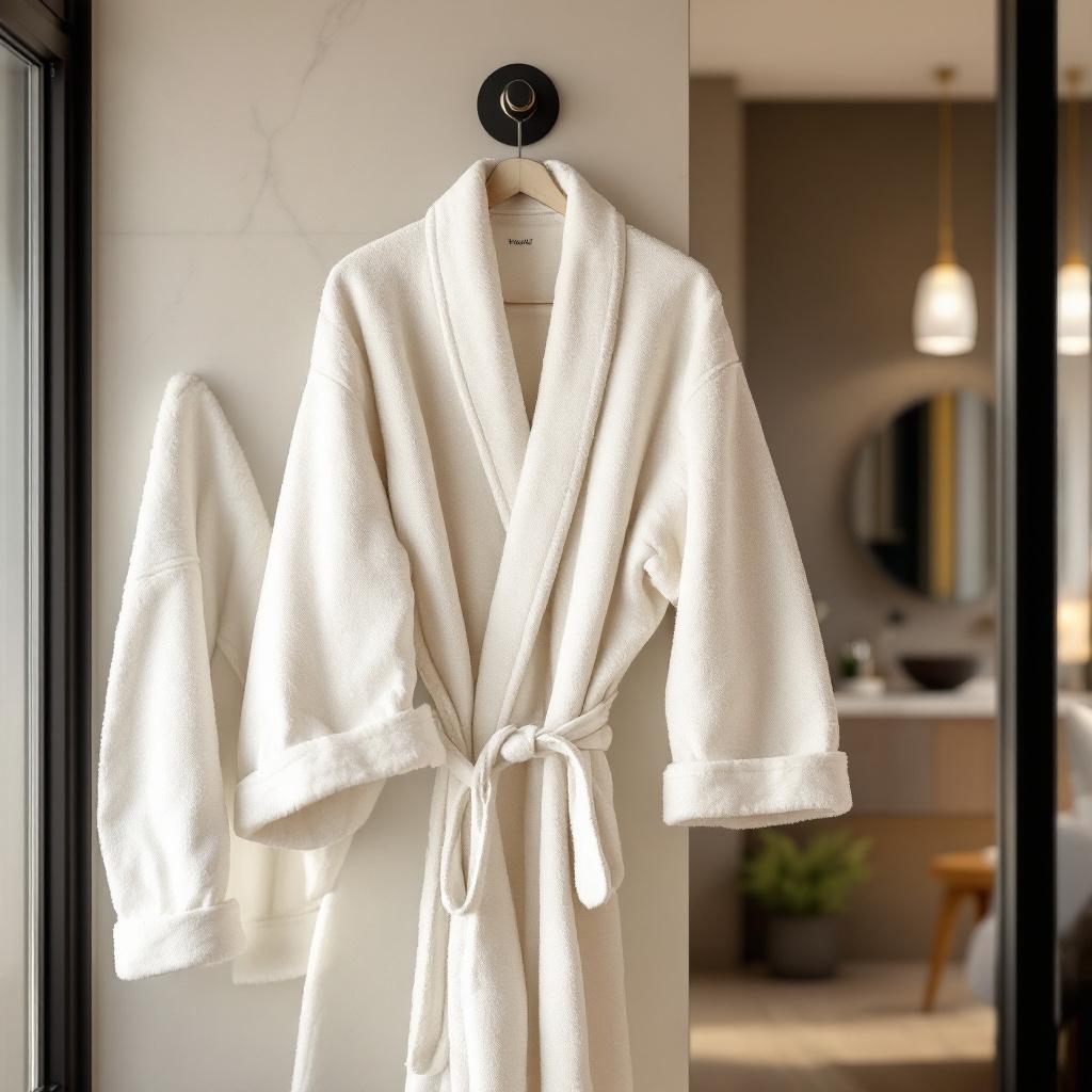 A white bathrobe is hanging on a wall hook in a modern bathroom setting.