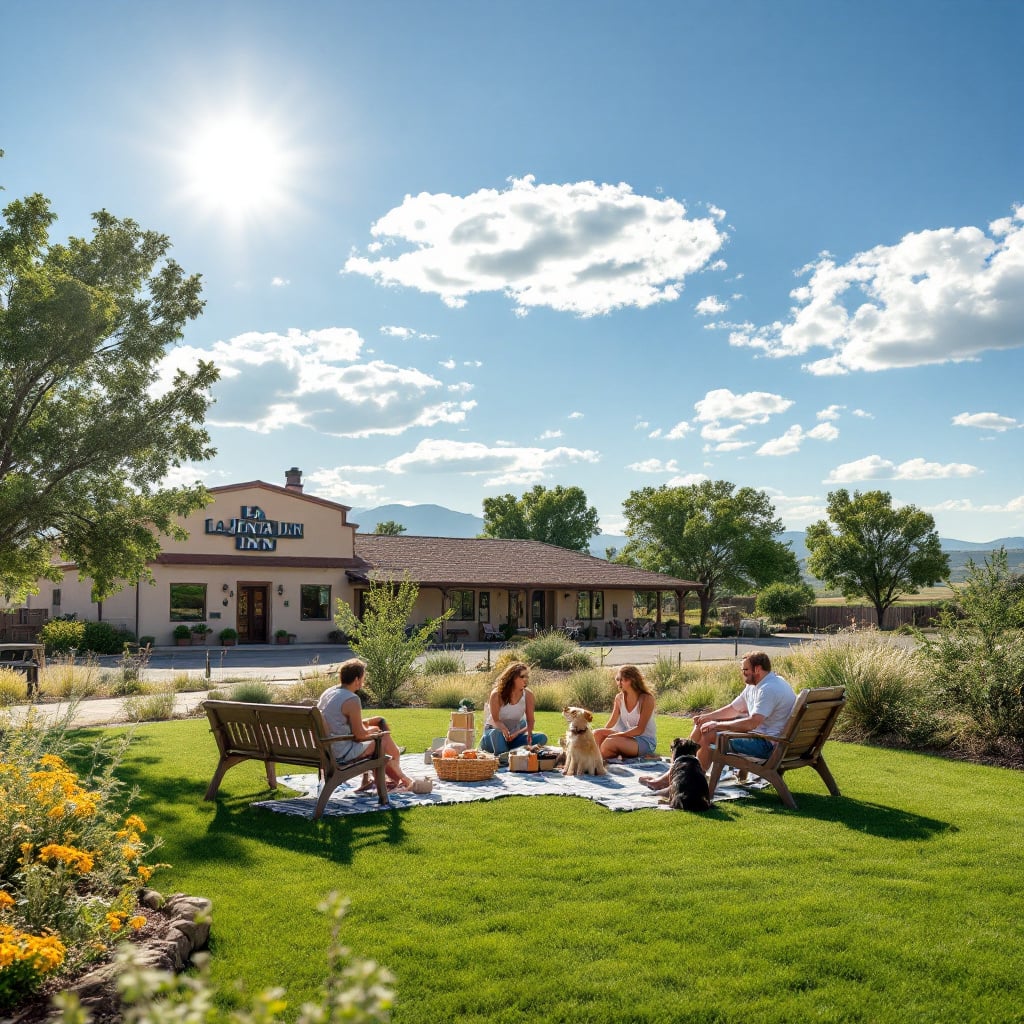 A group of people enjoying a picnic on a lawn in front of a hotel.