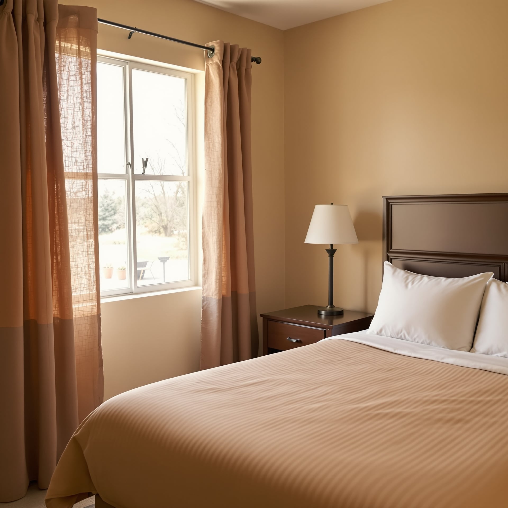 A well-lit hotel room featuring a bed, nightstand, and window with curtains.