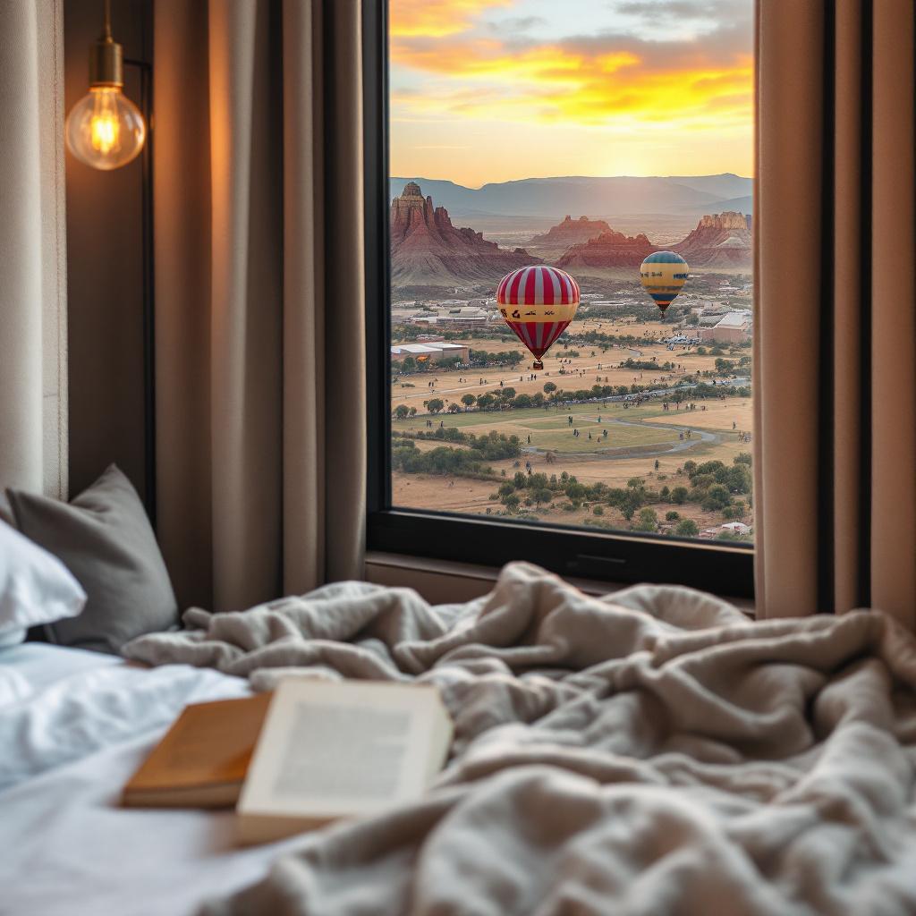 A view from a hotel room window showing hot air balloons flying over a scenic landscape at sunset.