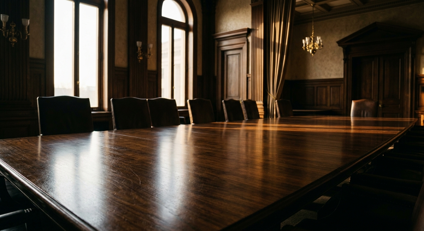 A large wooden conference table in a well-lit meeting room with elegant decor.