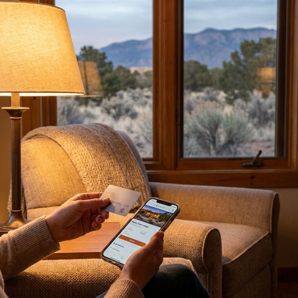 A person is holding a smartphone and a credit card while sitting in a cozy chair near a window with a mountain view.