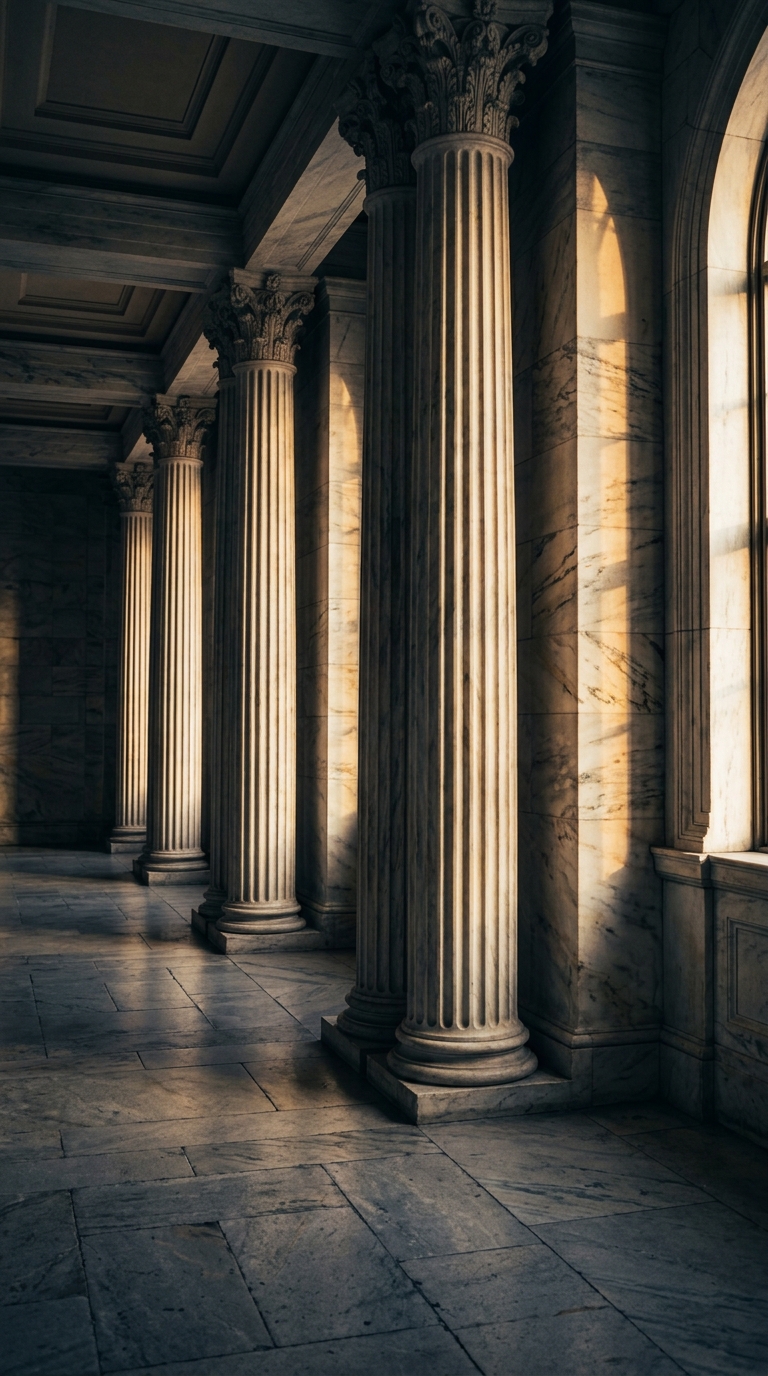A series of marble columns illuminated by sunlight in an interior space.