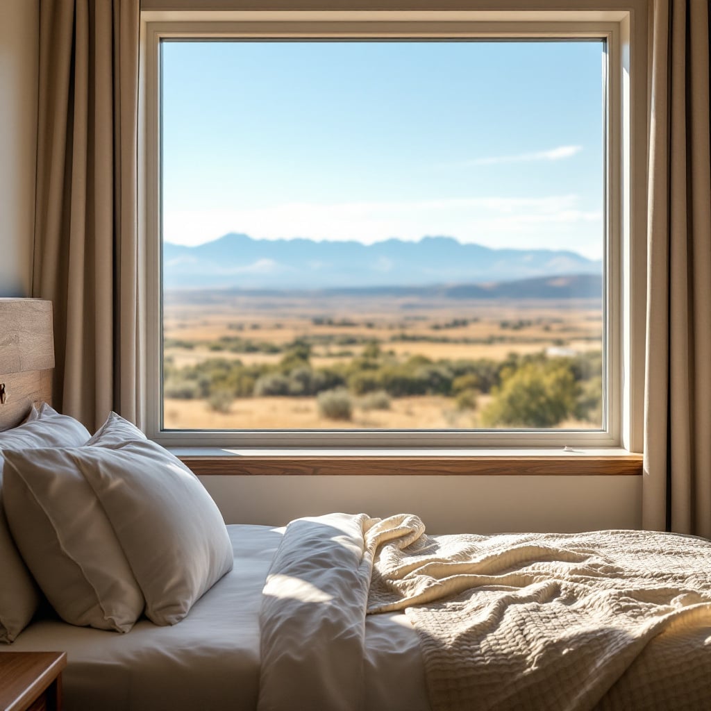 A cozy bedroom with a view of mountains and a clear sky through a large window.