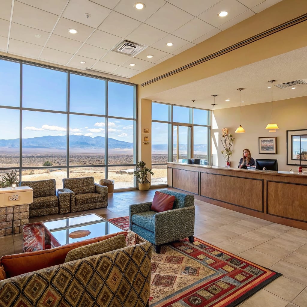 A hotel lobby with large windows showcasing a mountain view.