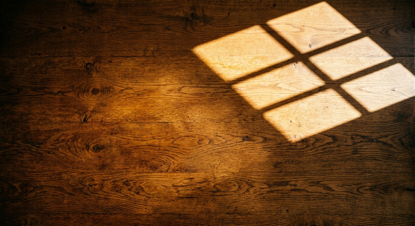 A wooden floor with sunlight casting a shadow of a window.