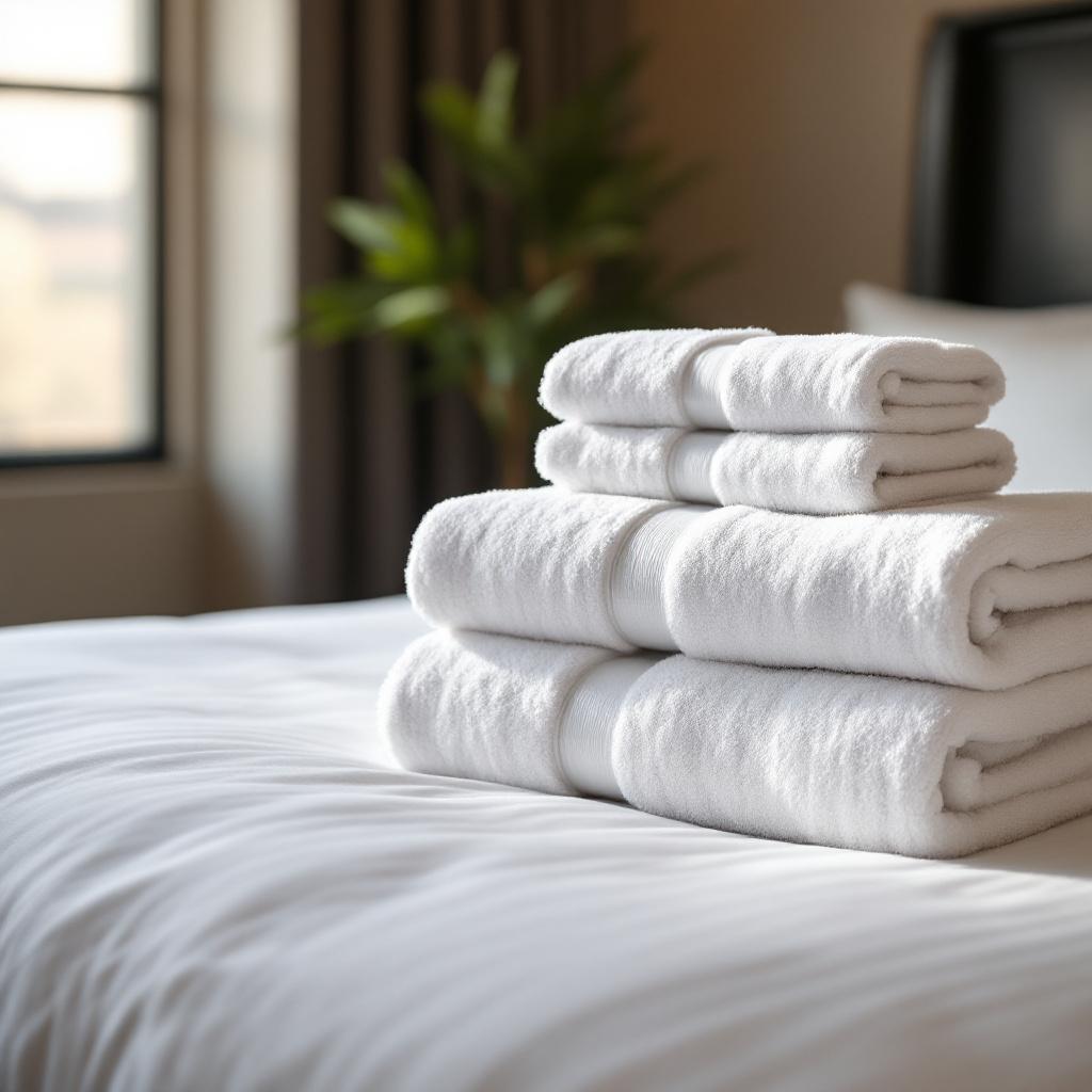 A stack of neatly folded white towels on a bed.