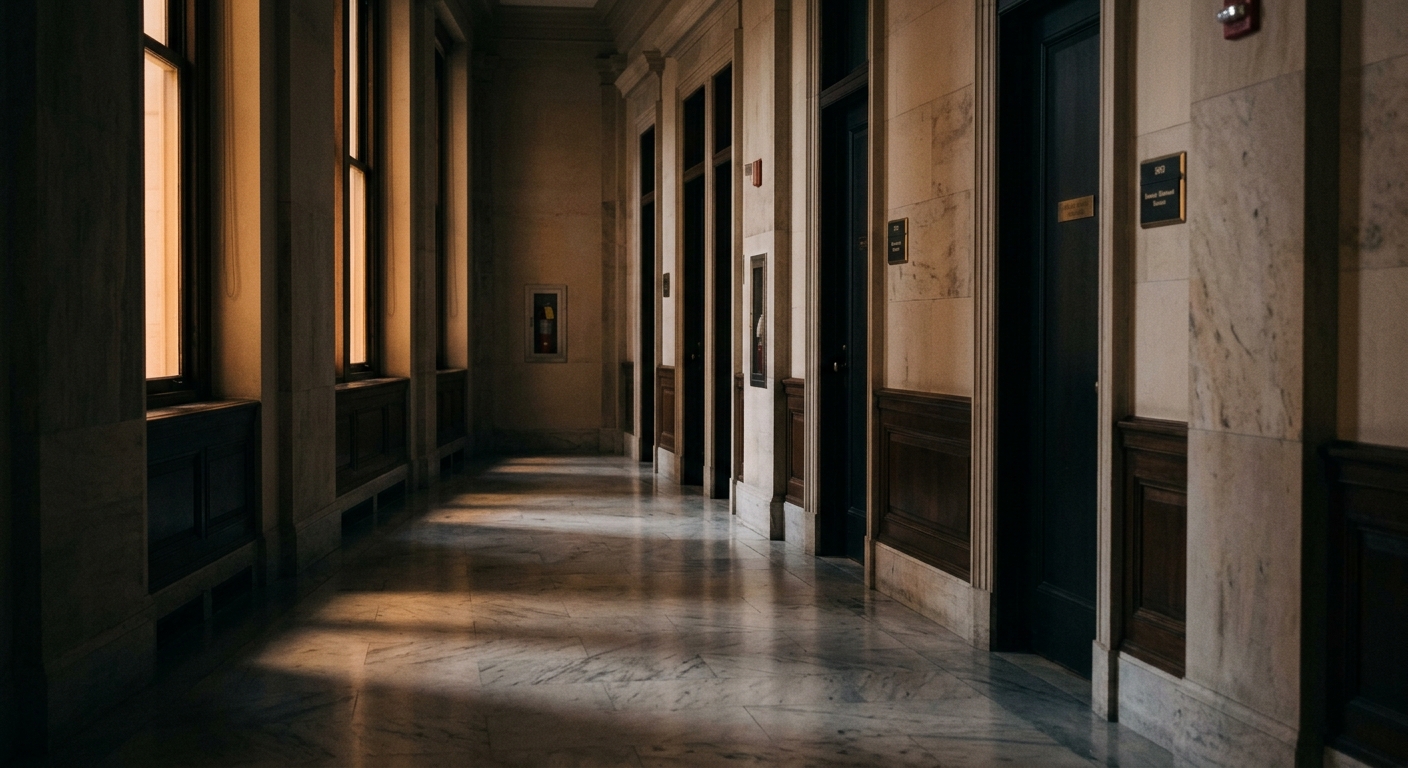 A dimly lit hallway with marble floors and wooden paneling.