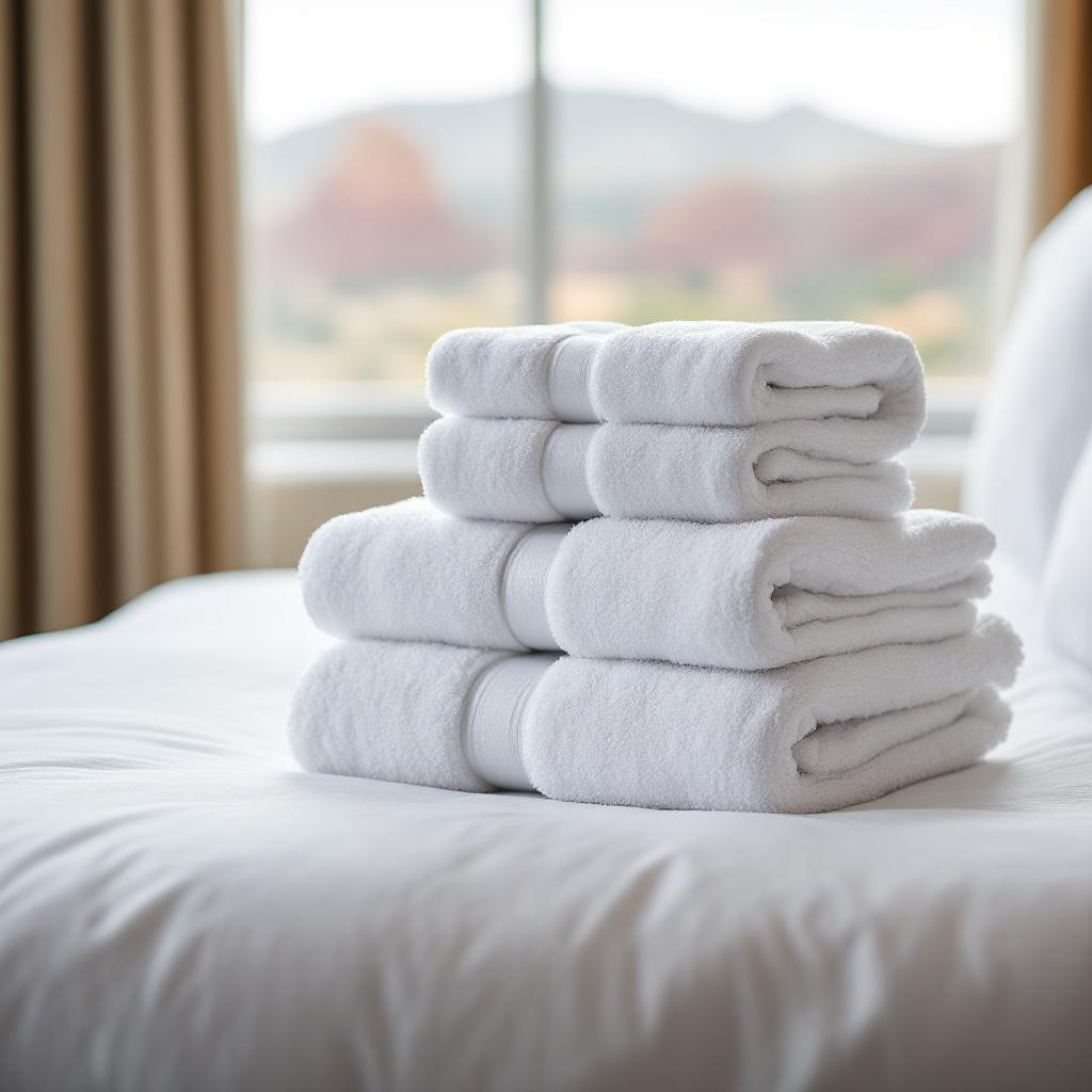 A stack of neatly folded white towels on a bed.