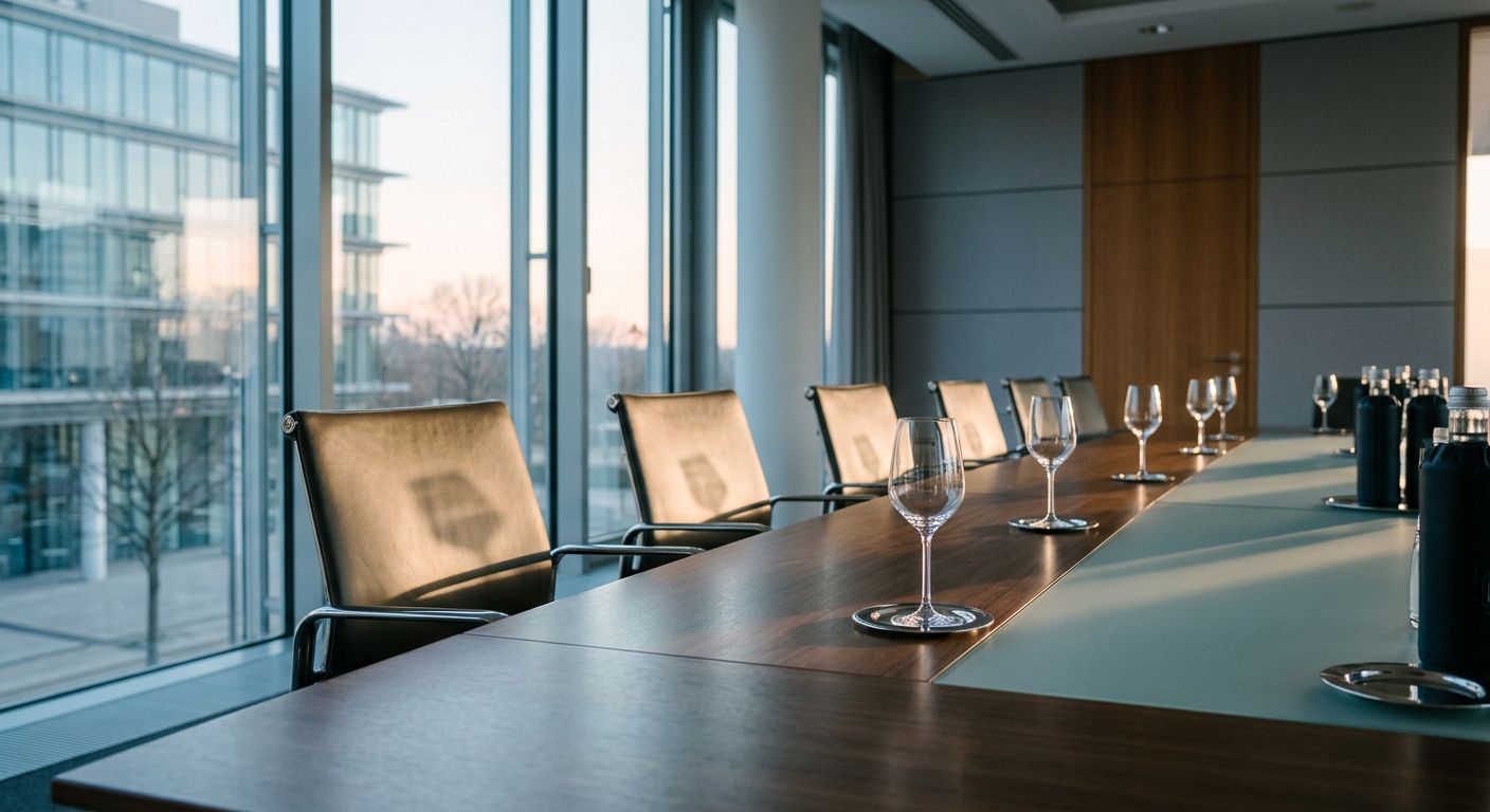 A modern conference room with a long table set for a meeting.