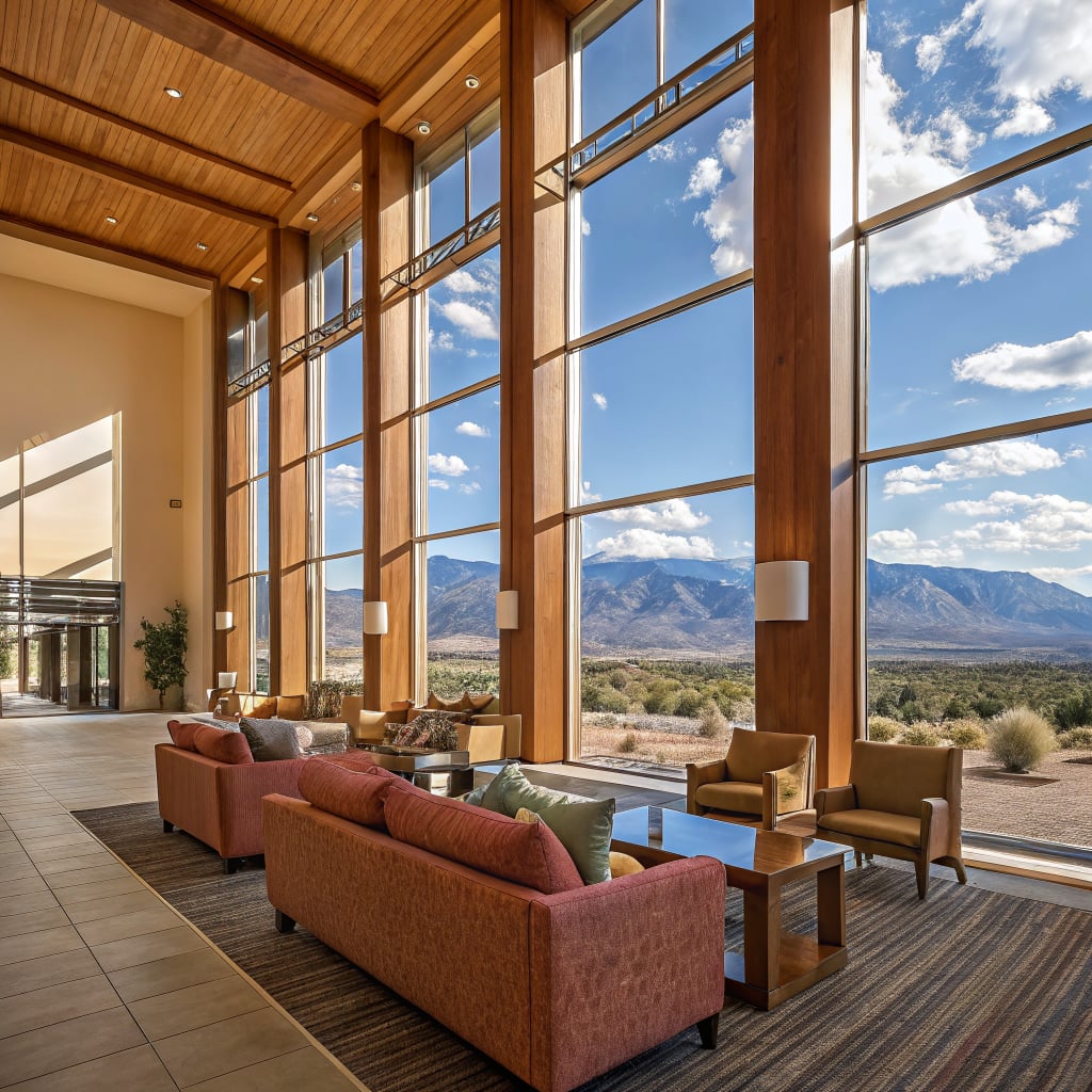 A modern lobby with large windows showcasing a mountain view.