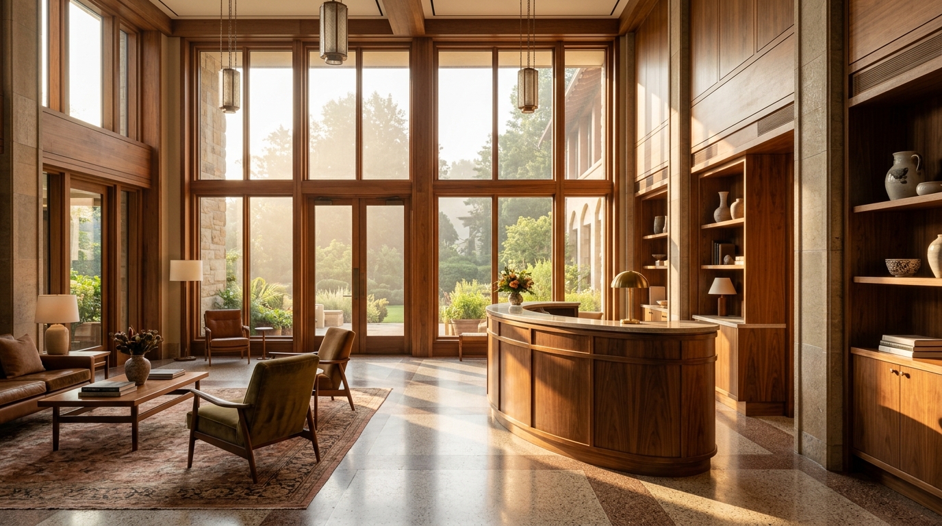 A modern hotel lobby with large windows allowing natural light to fill the space.