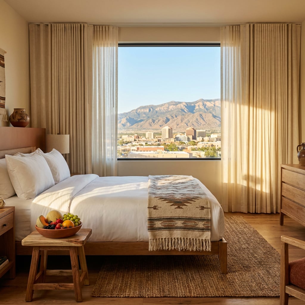A well-decorated hotel room featuring a bed, wooden furniture, and a view of mountains and a city skyline.
