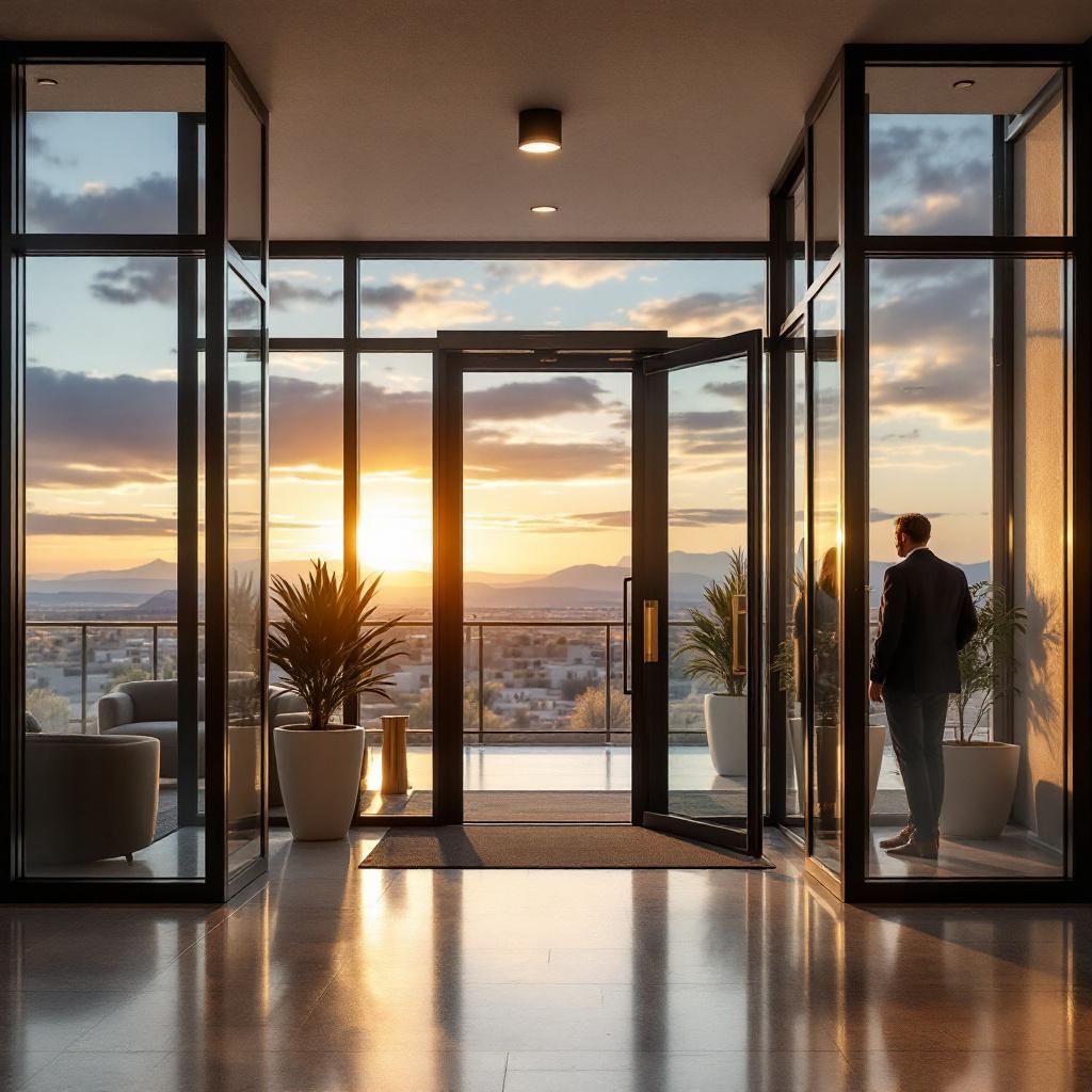 A man stands in a modern lobby with large glass doors, overlooking a sunset.