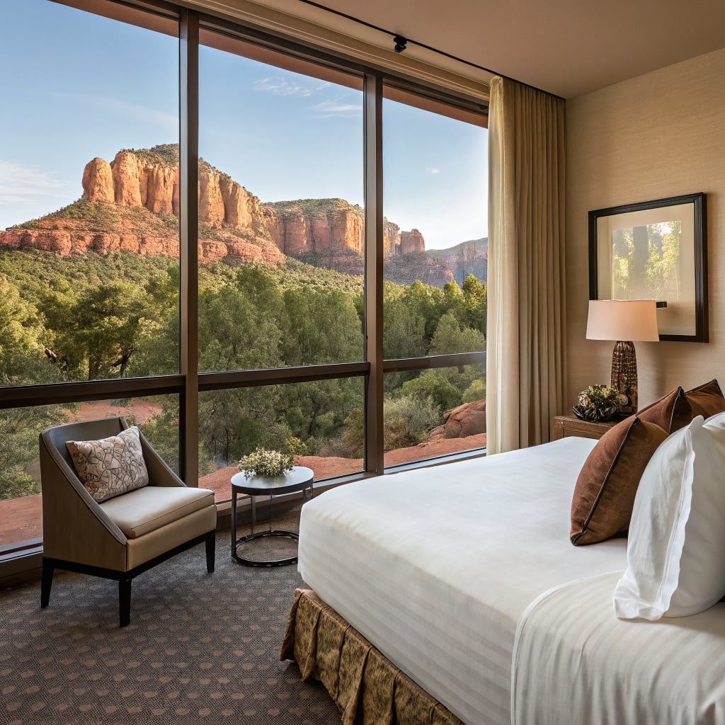 A hotel room with a view of red rock formations and greenery outside the window.