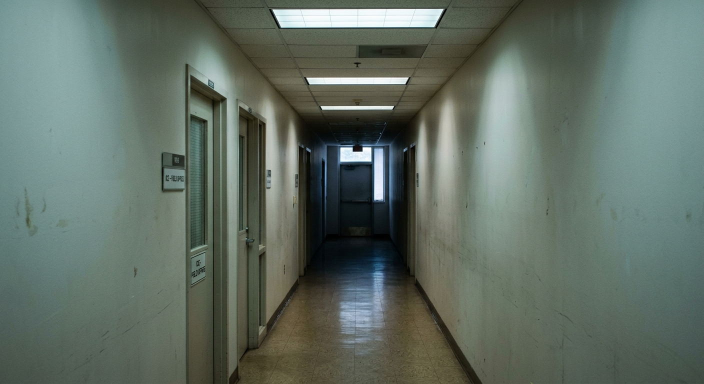 A dimly lit hallway with doors on either side.