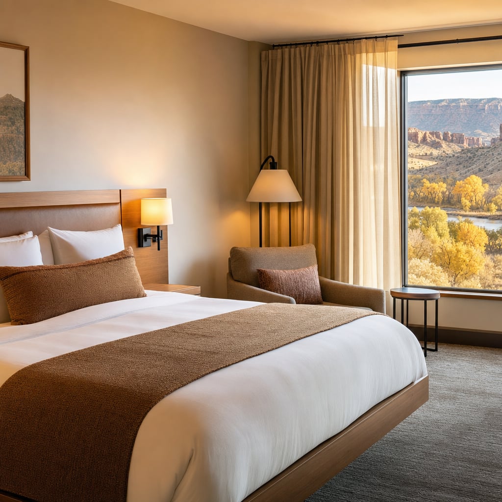 A modern hotel room featuring a bed, armchair, and large window with a view of autumn trees and mountains.