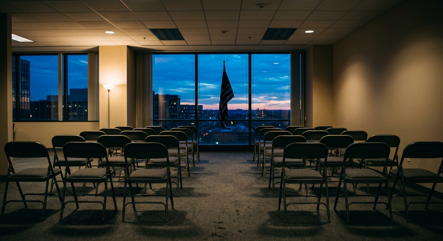 An empty room with chairs arranged in rows facing a large window showing a sunset.