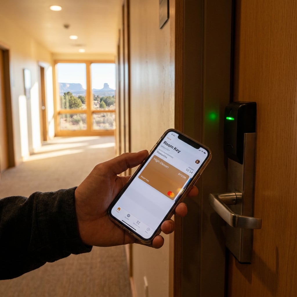 A person using a smartphone to access a hotel room key in a hallway.
