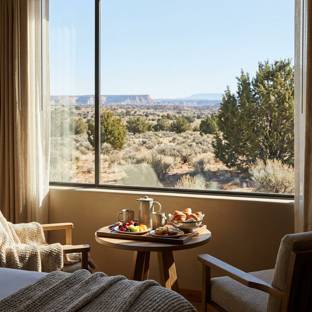 A cozy hotel room with a view of a desert landscape and a breakfast spread on a table.