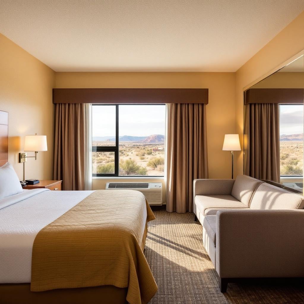 A hotel room featuring a bed, a sofa, and a window with a view of a desert landscape.