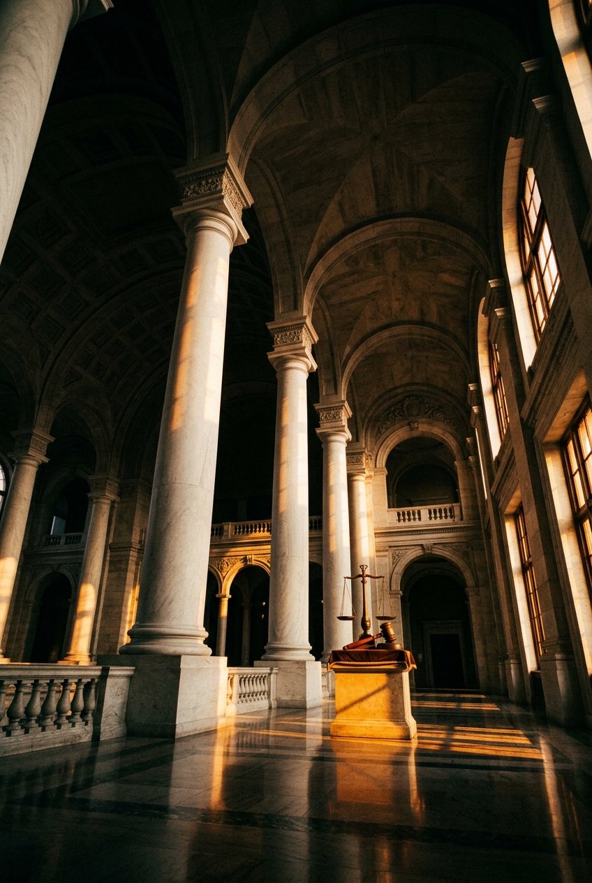 A grand interior space featuring tall columns and large windows illuminated by sunlight.