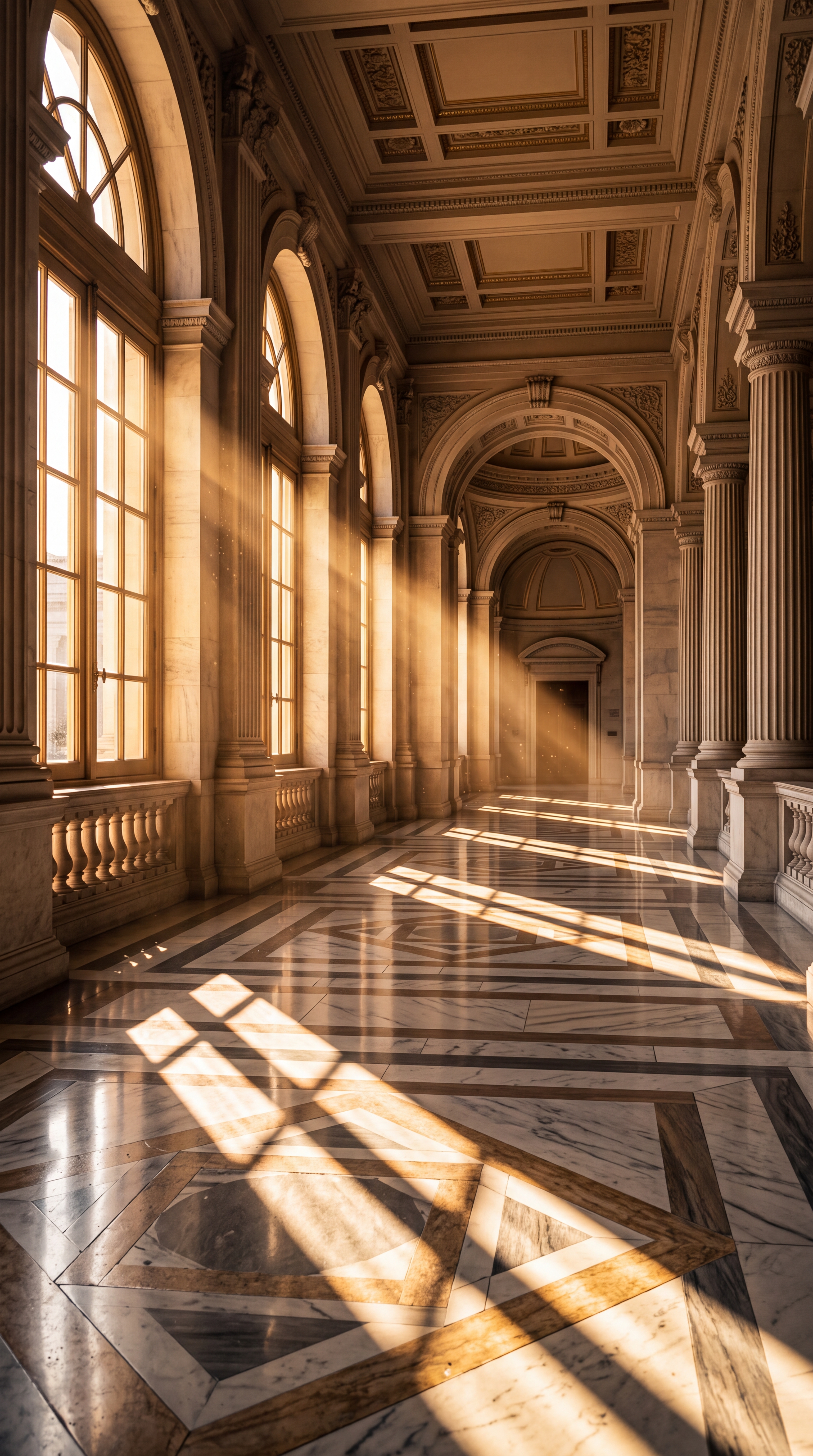 A grand interior hallway with large windows allowing sunlight to stream in, illuminating the marble floor and ornate architecture.