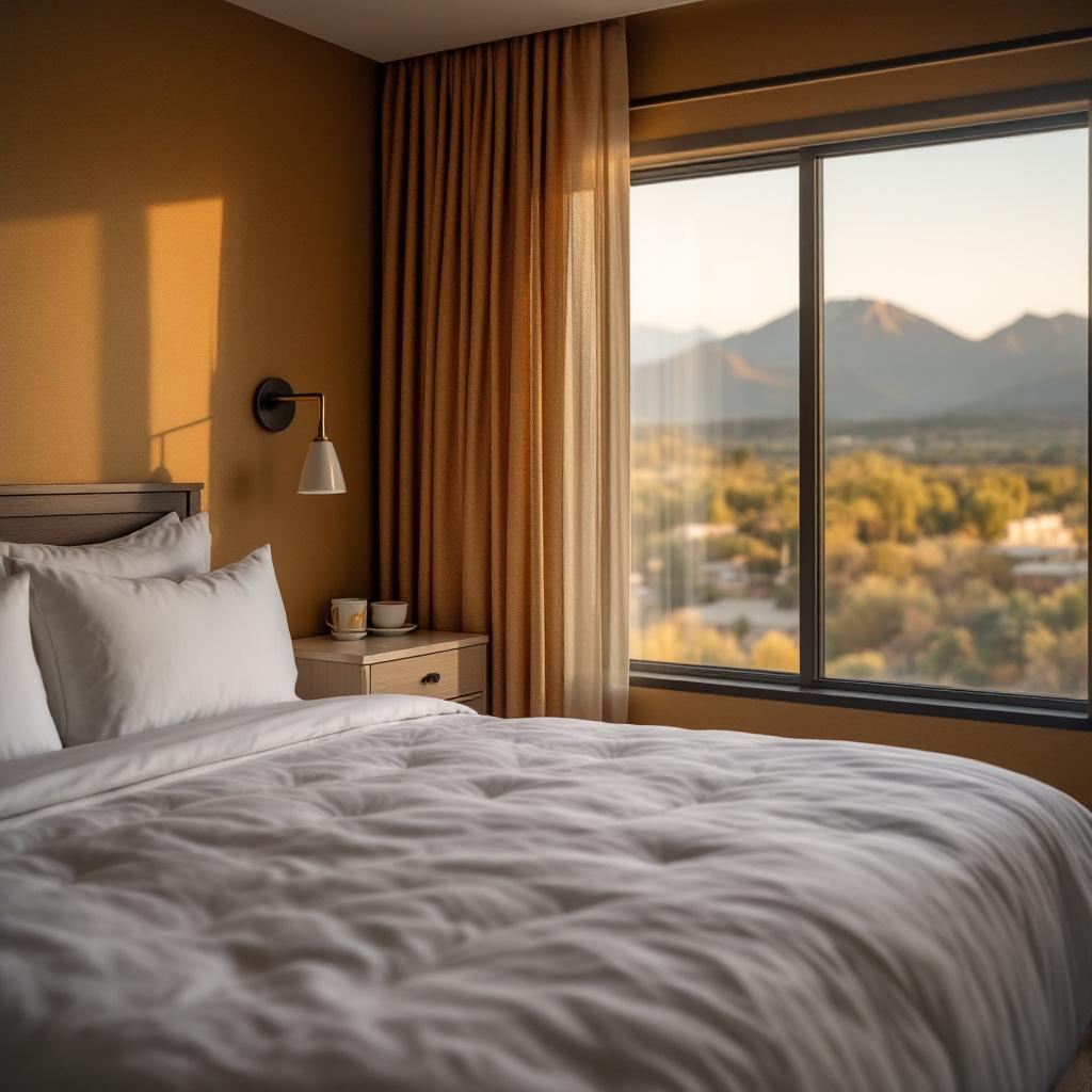 A cozy hotel room with a view of mountains through a large window.