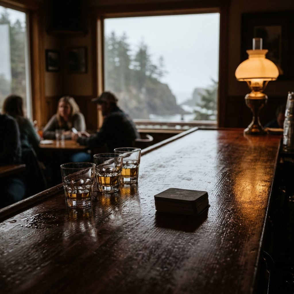 A cozy bar scene with glasses of whiskey on a wooden counter and people in the background.