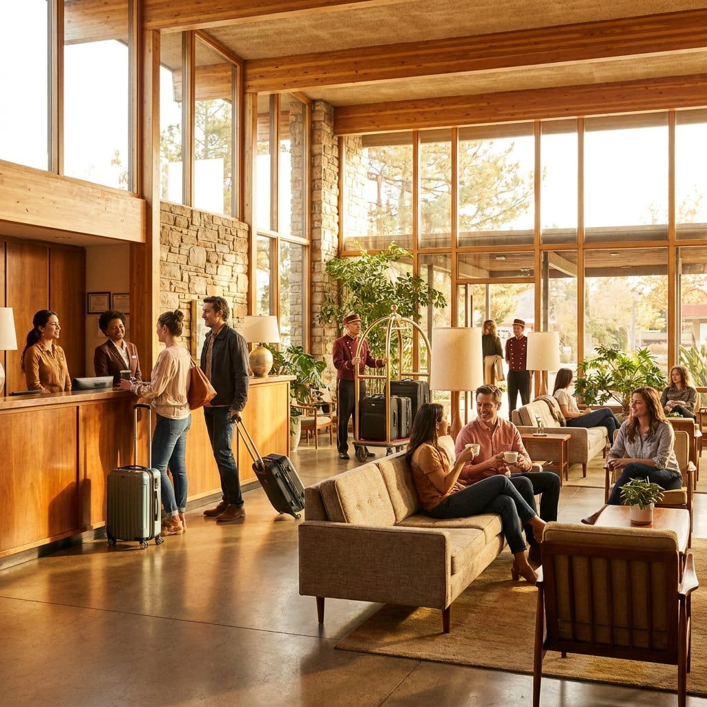 A modern hotel lobby with guests checking in and relaxing in a spacious area filled with plants.