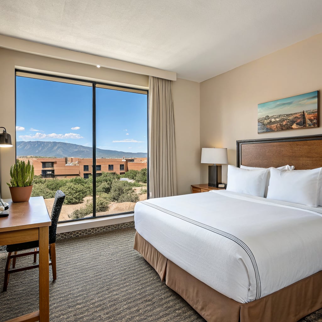 A hotel room featuring a large window with a view of mountains and greenery.