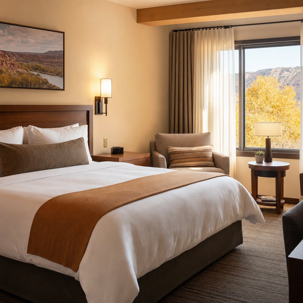 A cozy hotel room featuring a bed, armchair, and a window with a view of autumn trees.