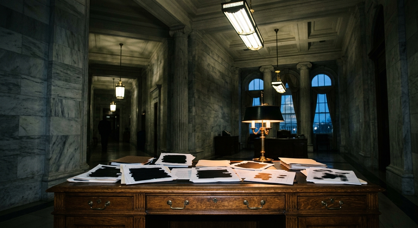 A wooden desk with scattered papers covered in black ink in a marble hallway.