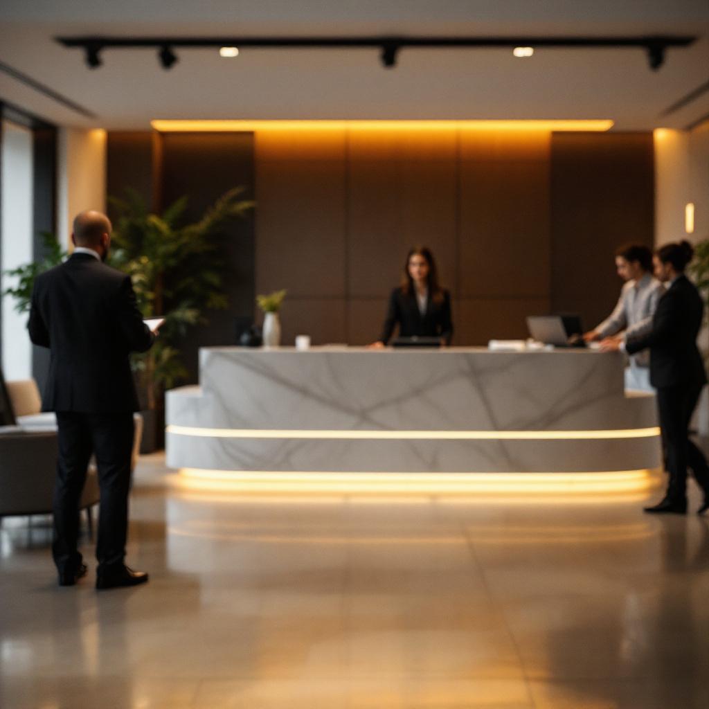 A modern hotel reception area with staff attending to guests.