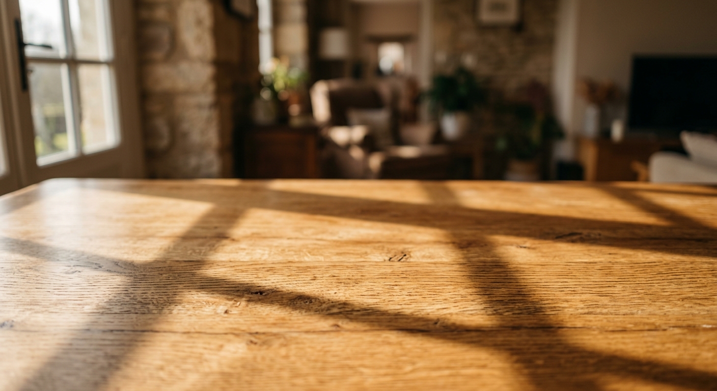 A wooden table with shadows cast on its surface, set in a cozy interior space.