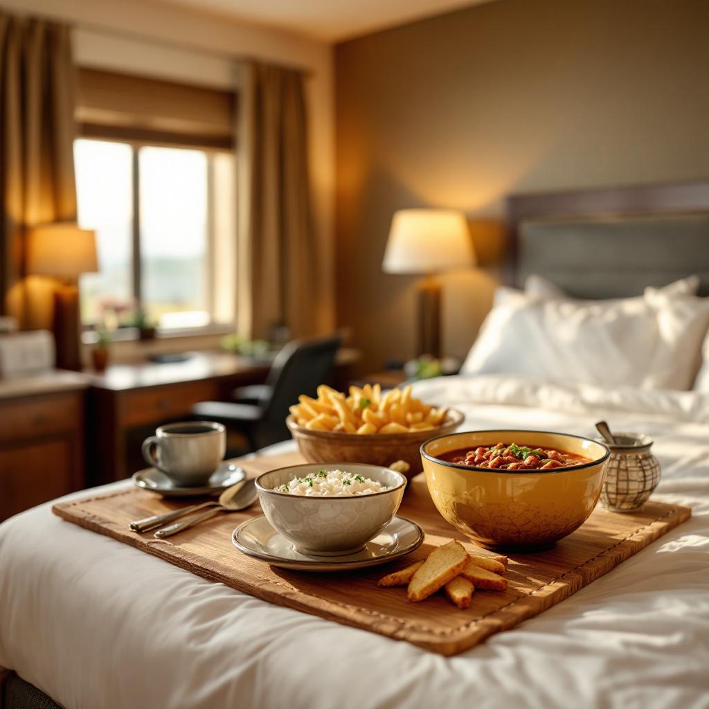 A breakfast tray with food items is placed on a bed in a hotel room.