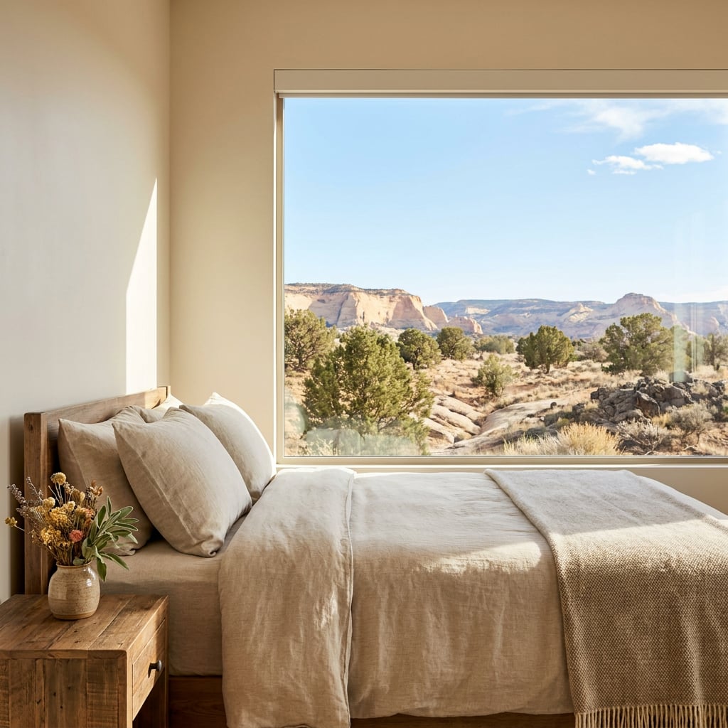 A cozy bedroom with a large window showcasing a desert landscape.