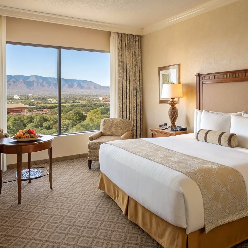 A hotel room featuring a bed, a chair, and a view of mountains through a large window.